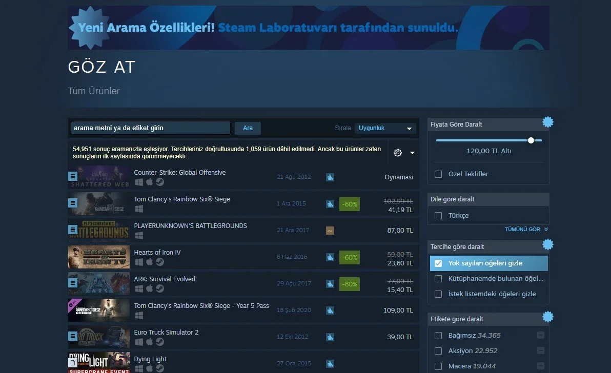 Steam, Yeni Arama Özelliğini Duyurdu